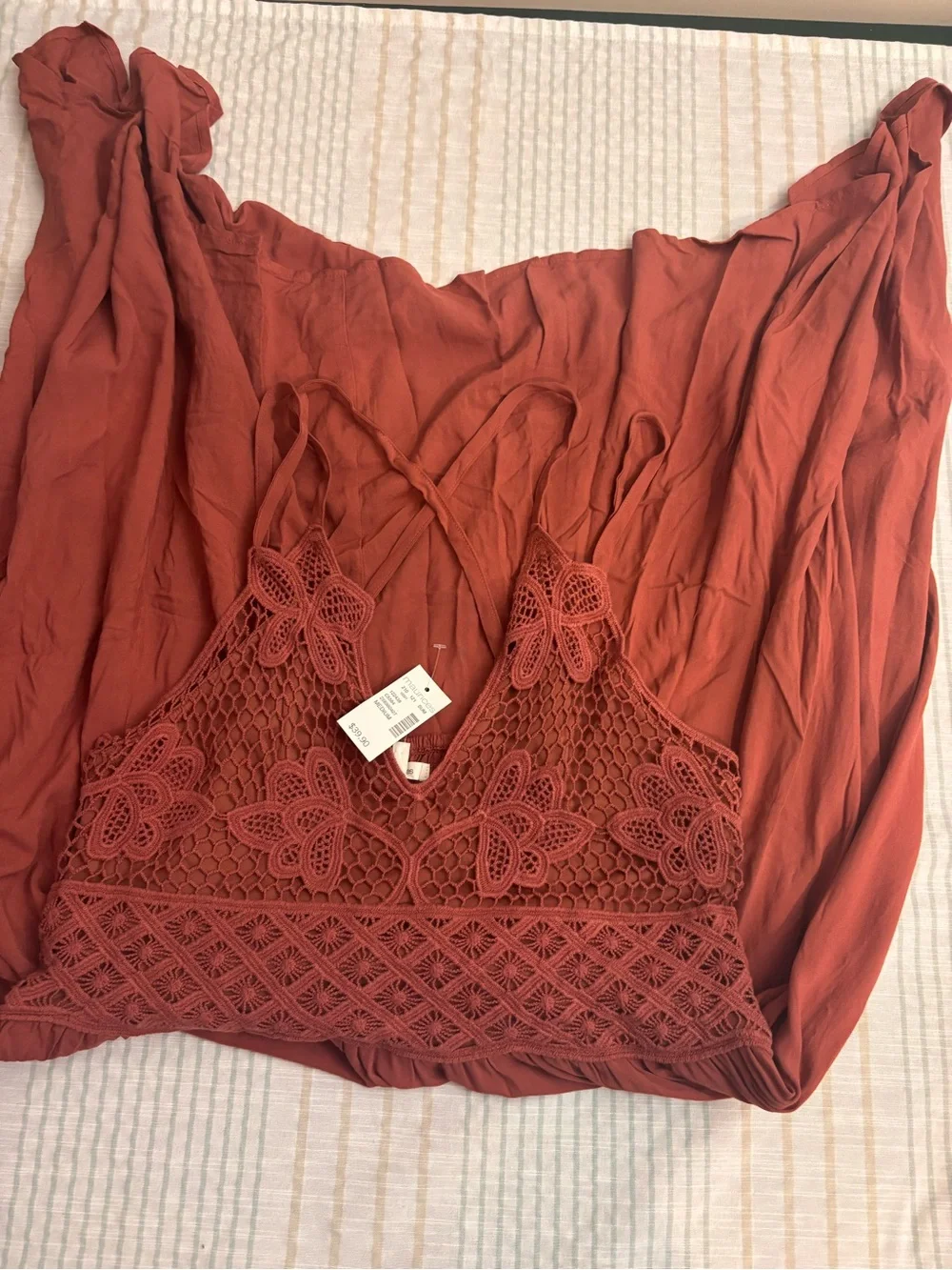 Maurices Rust Orange Crochet Lace Asymmetrical Maxi Dress